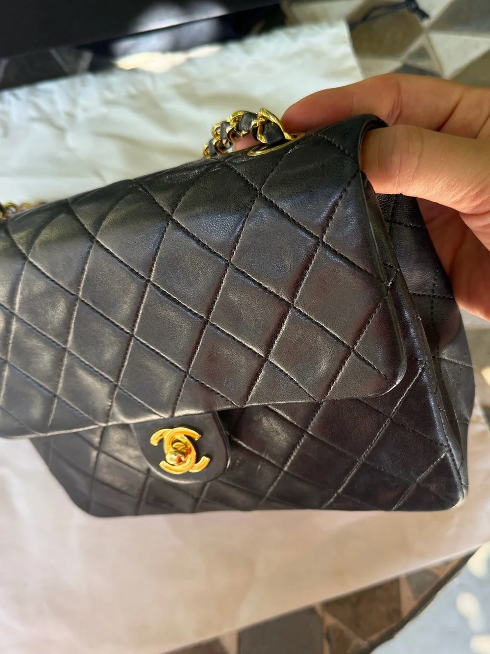Vintage 24k Gold Chanel Classic Small Square Black Lambskin bag w COA